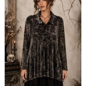 Surrealist Paisley Burnout Velvet Tunic Top L Black Sheer Whimsigoth Witchy USA